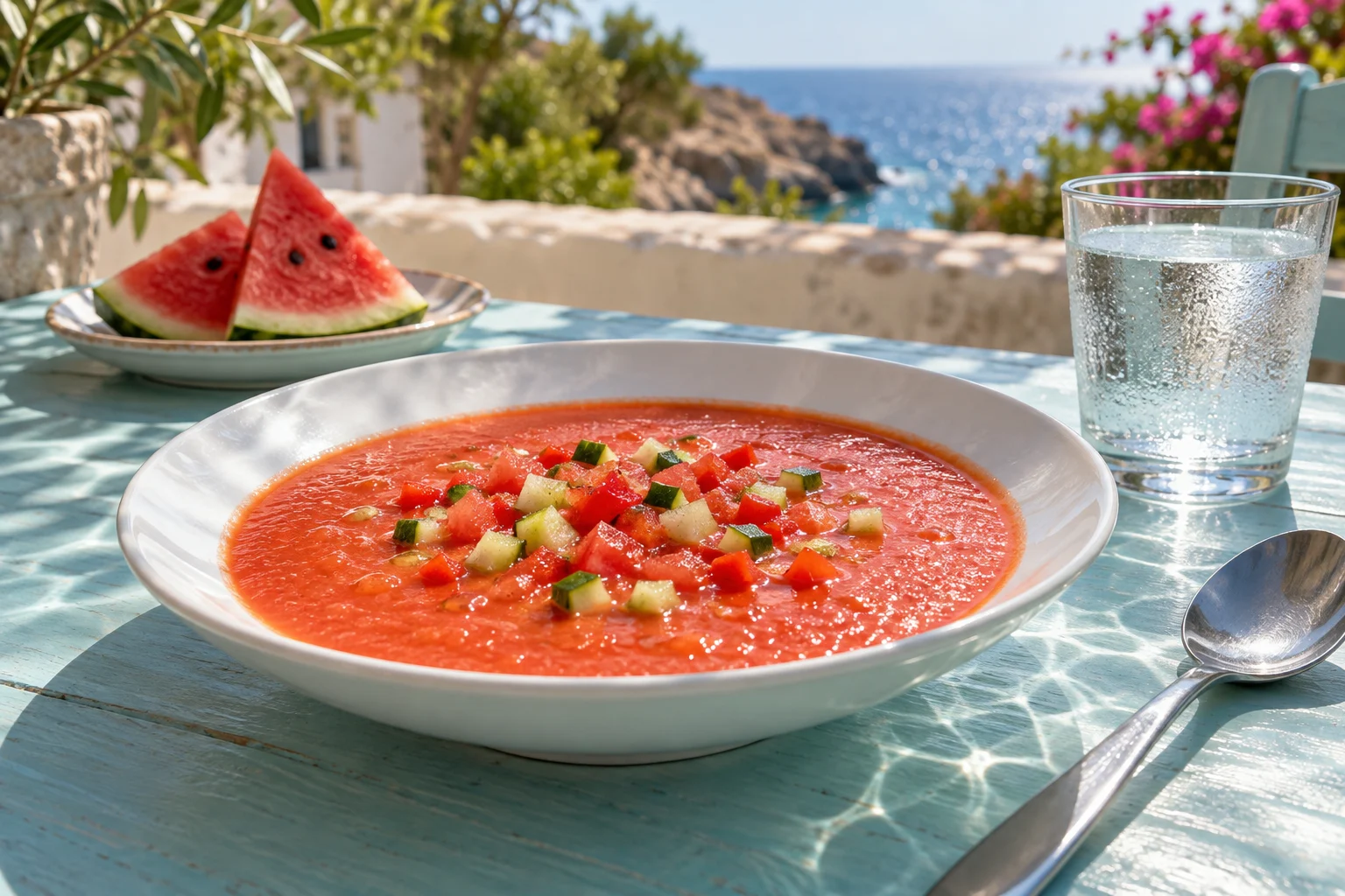 Kall gazpacho med tomat, gurka och paprika bredvid ett glas vatten