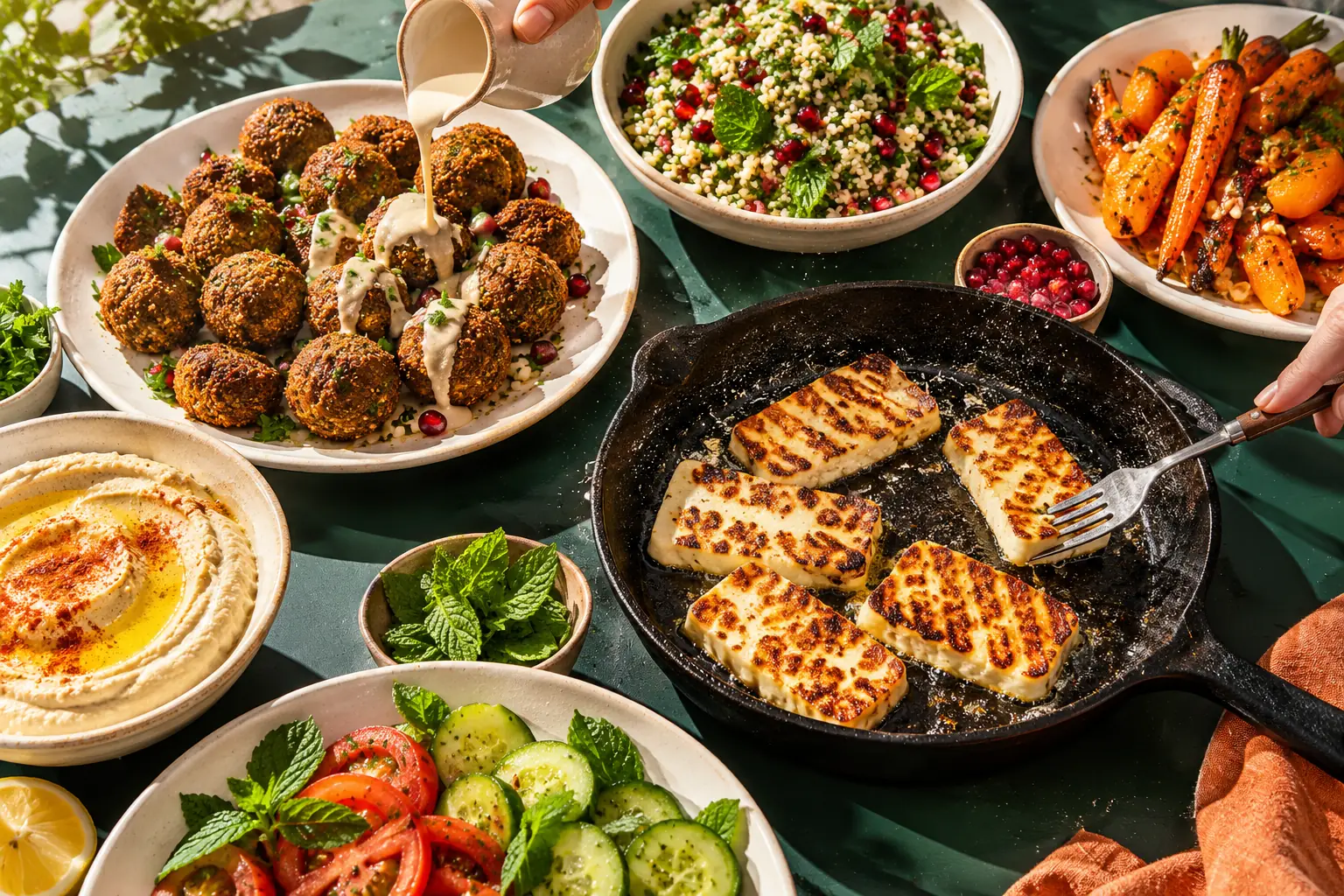 Halloumi steks i en gjutjärnspanna bredvid falafel med tahini, örtig bulgur, rostade morötter, hummus, tomat och gurka