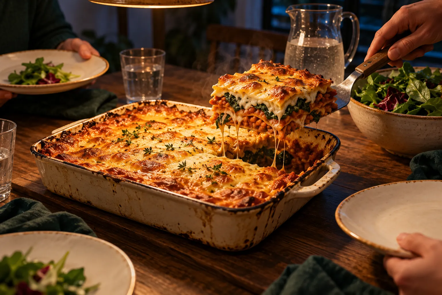 En spade lyfter en bit vegetarisk lasagne med linser, spenat och béchamel ur en ugnsform på ett dukat middagsbord
