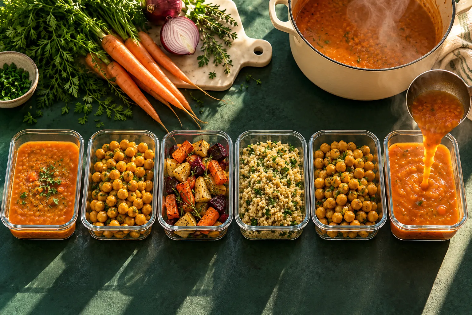 Sex glasmatlådor på rad med linssoppa, kikärtor, rostade rotfrukter och bulgur, medan soppa hälls i den sista lådan